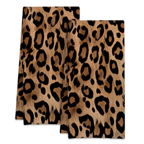 Leopard Print Kitchen Dish Towels,Farmhouse Hand Towels 16x24 Inch Decorative Absorbent Dish Cloth for Cooking Baking Cleaning Bathroom Decor Set of 2 - color: Leopard Print