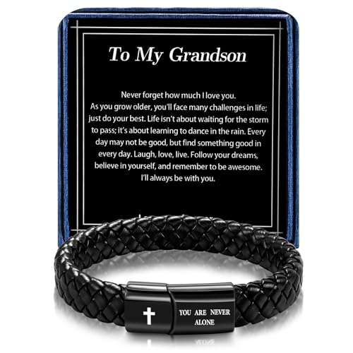 Black Braided Leather Bracelet for Men, Bible Verse Inspirational Christian Religious Bracelet for Man Dad Husband Boyfriend Grandson Son Birthday Baptism Easter Gifts - color: To My Grandson