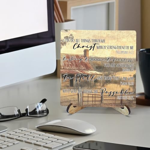 Farmhouse Christian Wooden Sign Desk Decor, Rustic Cottagecore Bible Verses Wood Plaque Sign With Stand for Bedroom Living Room Home Office Desk Table Shelf Decoration, 5x5 Inch - color: Farmhouse Faith, size: 5x5x1.1 in