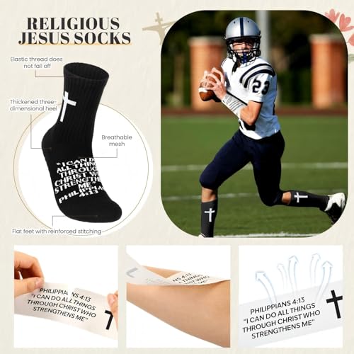 TrelaCo 2 Sets Cross Grip Socks with 2 Pcs Christian Athletic Tape Jesus Soccer Grip Socks Cotton Sports Athletic Tape Serrated Edges for Easter Gifts Football Baseball(Black White,Philippians 4:13) - color: Philippians 4:13