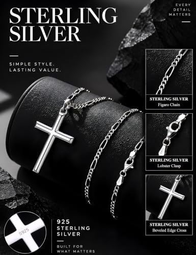 MILACOLATO Solid 925 Sterling Silver Cross Necklace for Men Women 16-24 in - color: Sterling Silver Figaro Chain, size: 16 in=41 cm