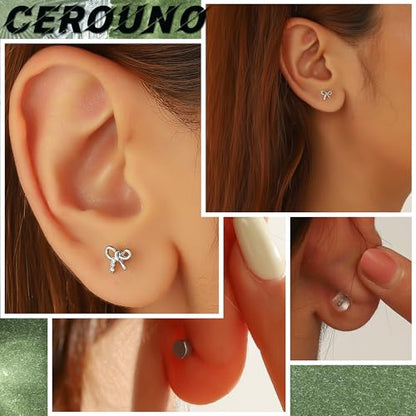CEROUNO Flat Back Stud Earrings - 925 Sterling Silver Post Flatback Earrings Gold Silver Cubic Zirconia Earrings Studs for Women - color: Silver Bow