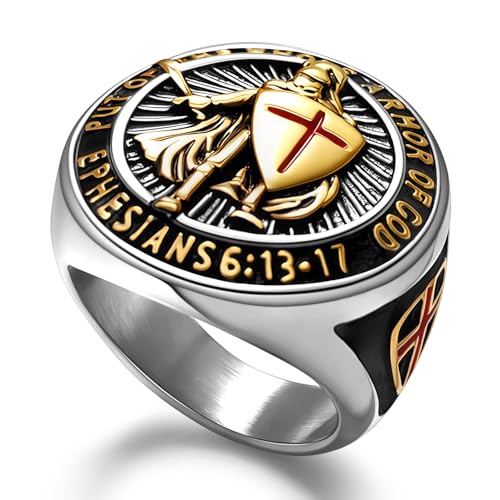 Christian Ring Knights Templar Put On The Whole Armor Of God Ephesians 6:13-17 Red Cross Design Men's Religious Catholic Ring,Biker Punk Cocktail Party 316L Stainless Steel Rings For Men Gift - color: C-Silver & Gold