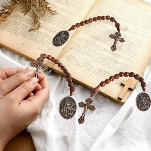 Bovemee Saint Benedict Medal Prayer Pocket Rosary Catholic Brown Wood Beads with Medalla de san benitol and Crucifix, 9 Inch - color: Brown SaintArchange Beads