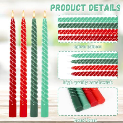 Whaline 8Pcs 10 Inch Christmas Spiral Taper Candles Red Green Dripless Twisted Wax Candles Long Unscented Candle Sticks for Xmas Home Party Supplies - color: Christmas