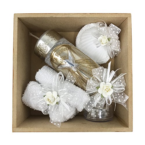 Arcangeles Mexicanos Catholic Baptism Candle Set in a Wooden Box with Towel, Candle, Rosary and Shell for Baby Boys and Girls. Handmade in Mexico