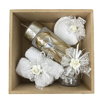 Arcangeles Mexicanos Catholic Baptism Candle Set in a Wooden Box with Towel, Candle, Rosary and Shell for Baby Boys and Girls. Handmade in Mexico