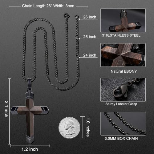 Wooden Cross Necklace for Men with Stainless Steel Adjustable Chain 24-26in, Christian Wood Crucifix Pendant Gift for Him - style: Matthew 19:26