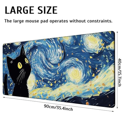 Blue Starry Night Black Cat Mouse Pad,35.4 x 15.7 Inch Large Mouse Mat Non-Slip Rubber Stitched Edges for Writing Desk,Office,Home,Laptop - color: Blue Starry Night Black Cat, size: 35.4L x 15.7W inches