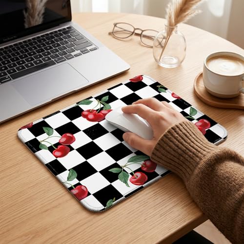 Black Checkered Cherry Mouse Pad, Black and White Checkerboard Cherry Girly Aesthetic Mouse Pad for Home Office Computer Laptop Desk Accessories, 9.5x7.9 Inch - color: Black Checkered Cherry