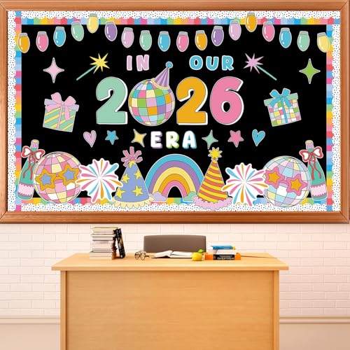 Groovy New Year Disco Ball Bulletin Board Decorations in Our 2026 Era Classroom Paper Cutouts Colorful 2026 New Year Party Decor for Holiday School Classroom Chalkboard Wall Decor Teacher Supplies - style: in Our 2026 Era