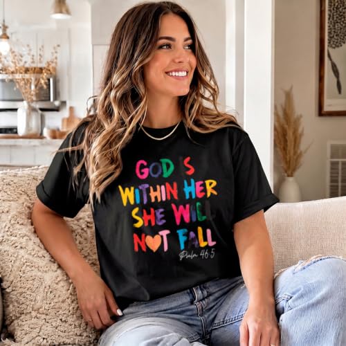 Sulayesh Christian Shirts for Women Jesus God is Within Her Tshirt Faith Inspirational Bible Verse Religious Graphic Tee Tops - color: Black, size: Large