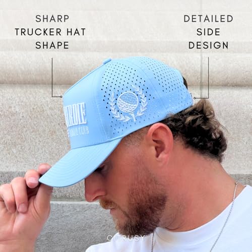 CITRUSY Athletic Trucker Golf Hat | Performance Mens 5 Panel Cap | Cool Breathable Waterproof Workout Running Snapback - color: Early Birdie | Light Blue