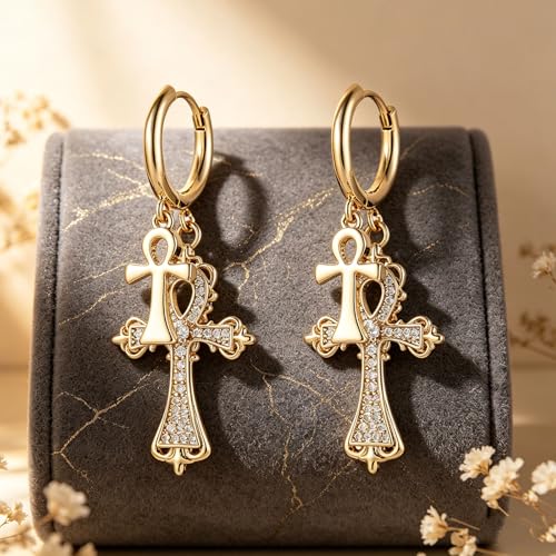 HZMAN Double Ankh Cross Huggie Hoop Earrings for Women, Brass Dangle Earrings with Cubic Zirconia, Vintage Baroque Religious Jewelry Gift