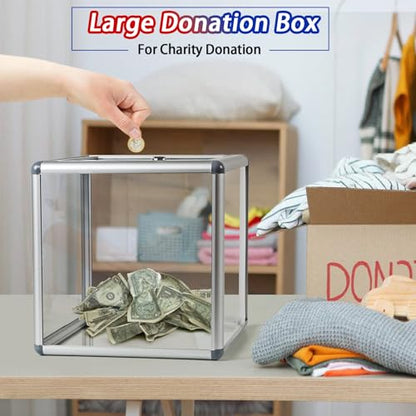 Large Donation Box with Lock, Acrylic Ballot Box with Slot 10 x 10 x 10 Inch, Suggestion Box with Lock Cash Storage Container for Fundraising Voting Charity Contest Tip