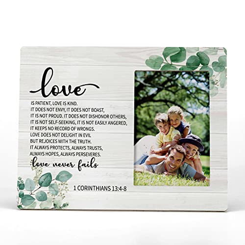 FONDCANYON Love Never Fails 1 Corinthians 13:4-8 Picture Photo Frame, Religious Scripture Picture Frames, Christian Gifts, Bible Verse Gifts For Women Christian(4x6 Inch Photo)
