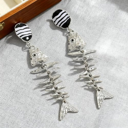 Creative Exaggerated Ocean Animal Drop Dangle Earrings for Women, Bohemia Style Alloy Lobster Octopus Fish Crab Earrings for Summer Beach Holiday Party Jewelry Gifts - style: Silver Fish Bone Earrings