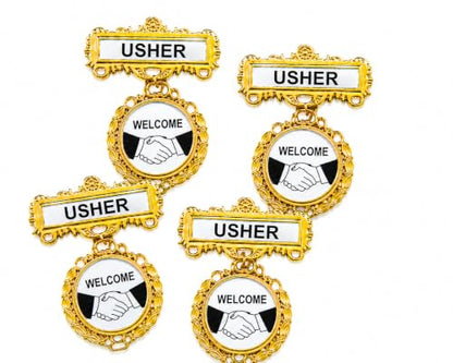 Church Usher Badge Pin Set of 4 – Premium Golden Metal Welcome Usher Name Badges with Secure Pin Back, Large Easy-to-Read Hospitality Ministry Identification for Church Greeters, Volunteers, Conferences & Events