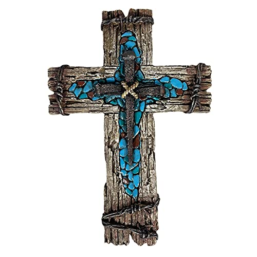 Urbalabs Western Distressed Railroad Spike Teal Barbwire Country Ranch Wall Decor 12 Christian Wall Cross Decor Marriage Gifts Tooled Wall Hanging Crosses Turquoise Gem Stone