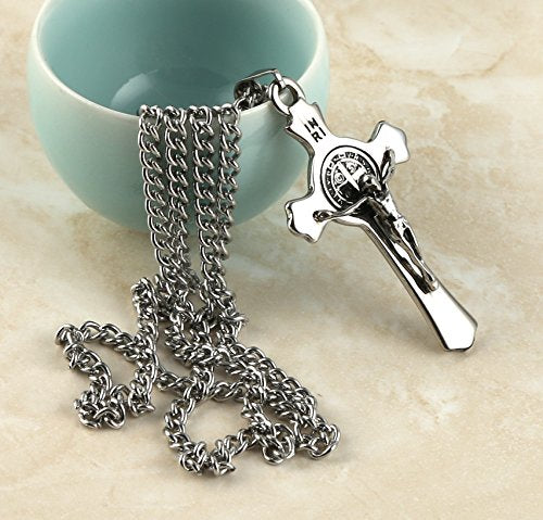 HZMAN Stainless Steel St. Benedict Crucifix Cross Necklace for Men - color: Standard Silver