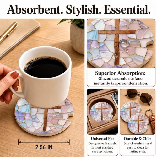 Christian Cross Stained Glass Car Coasters, Religious Faith Cup Holders, 25 - color: Christian Cross