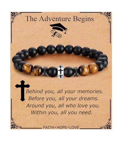 QWNHONEY Cross Bracelet for Men Son Brother Boyfriend Father Dad Husband Father's Day Birthday Christian Religious Faith Graduation Anniversary Christmas Jewelry Gift for Man - style: Graduation Gifts-The Adventure Begins
