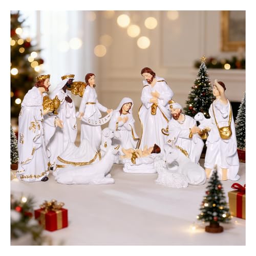 Nativity Set Christmas 12 Pieces Scene White Indoor Catholic Manger Set - color: White, size: 8 inches