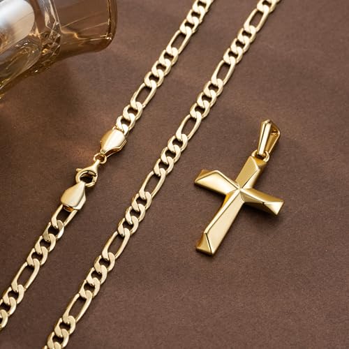 Cross Necklace 14K Gold Cross Necklace for Men - color: gold-22inch