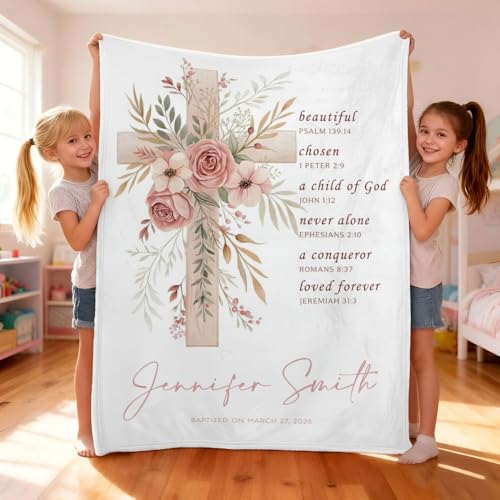 Personalized Baptism Blanket for Girl, Custom Floral Cross Baby Blanket, Christian Christening Gift, Catholic Scripture Throw Blankets, Baptized in Christ Blankets, Goddaughter Keepsake - color: #Ver7