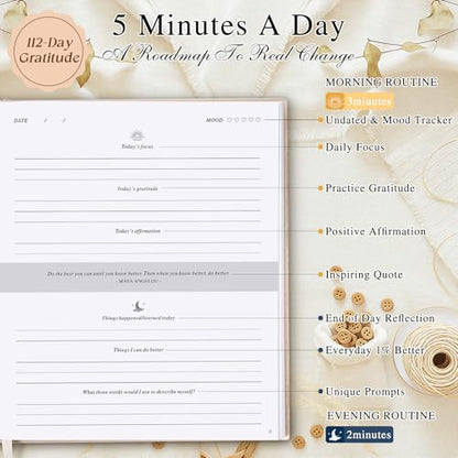 Lanpn Daily Gratitude Journal for Woman Men, 4 Month Mindfulness & Affirmation Planner, 7.8"x9.2" The 5 Minute Grateful Diary, Guided Reflection with Positivity Prompts Undated Notebook, Beige - color: Beige