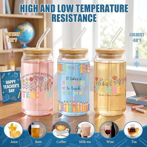 Glass Cups with Lids and Straws, 6Pack, 16oz, Floral Teacher - style: Floral Teacher Appreciation