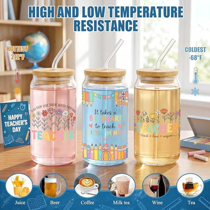 Glass Cups with Lids and Straws, 6Pack, 16oz, Floral Teacher - style: Floral Teacher Appreciation