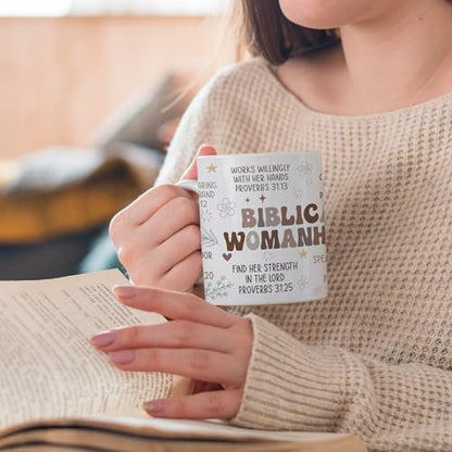 Christian Coffee Mugs for Women with Bible Verse, Biblical Womenhood Christian Inspirational Mug for Women, Religious Coffee Mugs, Scripture Tea Bible Cup Gift for Mom, Grandma, Wife, Sister - color: White