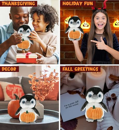 DolliBu Super Soft Grey Penguin Stuffed Animal with Pumpkin Toy - 9 Inches