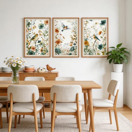 CHDITB 3 Pcs Boho Birds Flowers Framed Canvas Wall Art 16x24 Inch - color: Birds Wildflowers, size: 16"L x 24"W