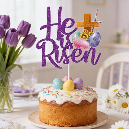 Glitter He is Risen Cake Topper Easter Egg Cake Topper for Birthday and Easter Party Decorations Baking Supplies