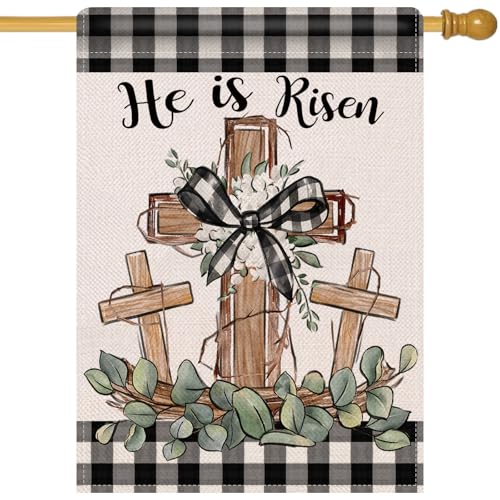 Artofy Christian Easter Cross Large Decorative House Flag, Religious He is - color: Black He is Risen, size: 28'' x 40''