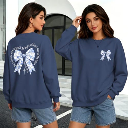 Bow Sweatshirt Christian Jesus Sweatshirts for Women Faith God Long Sleeve Shirts Bible Verse Graphic Pullover Gifts - color: Grayblue, size: Medium