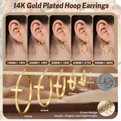 Senteria 3MM 925 Sterling Silver Post Cross Hoops Earrings Hypoallergenic - color: Gold-20MM