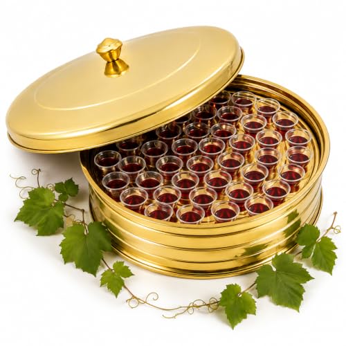 Church Communion Bundle, 40-Cup Gold Stainless Steel Communion Tray with Lid and 33 Oz Push-Button Juice Dispenser, Reusable Serving Set for Church Communion Services