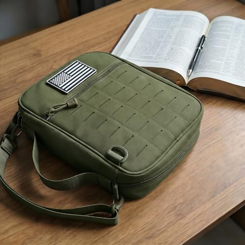 Tactical Bible Cover for Men, Large Bible Case with Shoulder Strap & US Flag Patch, Water Resistant Bible Carrier Bag with Handle, Multi Pockets for Church Study & Travel （Green） - color: Green