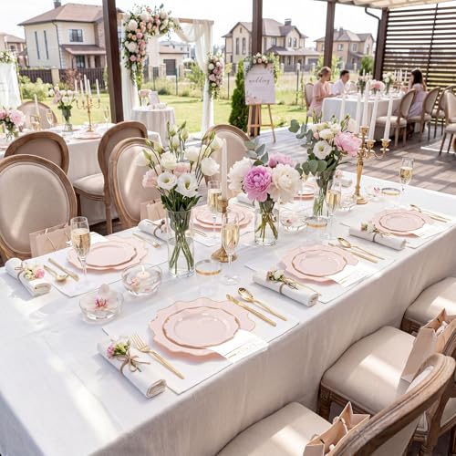 WDF 350Pcs Pink Plastic Plates - Pink and Gold Disposable Plates 50Guest Plastic Dinnerware for Baby Shower/Birthday/Wedding/Fall Party/Thanksgiving/Holidays - color: Pink and Gold, size: 350 pieces