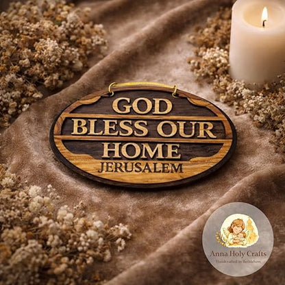 Handmade Olive Wood God Bless Our Home Wall Plaque from Bethlehem – Christian Wall Decor, Religious House Blessing Sign, Holy Land Wooden Wall Hanging with Gift Pouch & Certificate of Authenticity