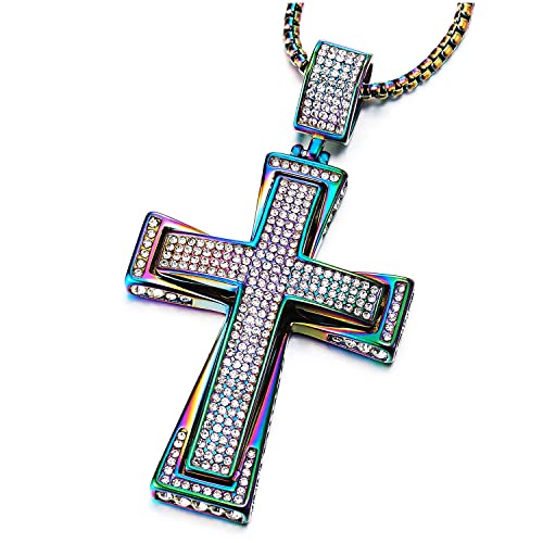 COOLSTEELANDBEYOND Mens Womens EXTRA LARGE Steel Cross Pendant Necklace with Cubic Zirconia and Wheat Chain - color: K-Metal Color: Rainbow Colorful