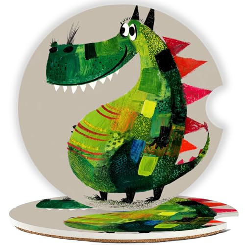 Ceramic Car Cup Holder Coasters Set of 2, 2.56 in Green Dinosaur - color: Green Dinosaur