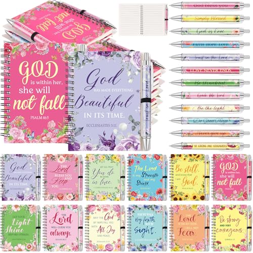 Colarr 24 Sets Christian Notebooks Bulk Christian Gifts for Women Pen and Notebook Gift Set Flowers Religious Prayer Journal for Woman Church Scripture Notepad with Bible Verse Pens - style: Colorful Flowers