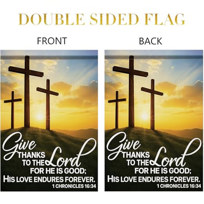 Christian House Flag 28x40 Inch Give Thanks To The Lord Garden Flag Chronicles 16:34 Double Sided Cross Sunrise Yard Banner Outdoor Porch ration Religious USA Home Garden Church - color: Give Thanks