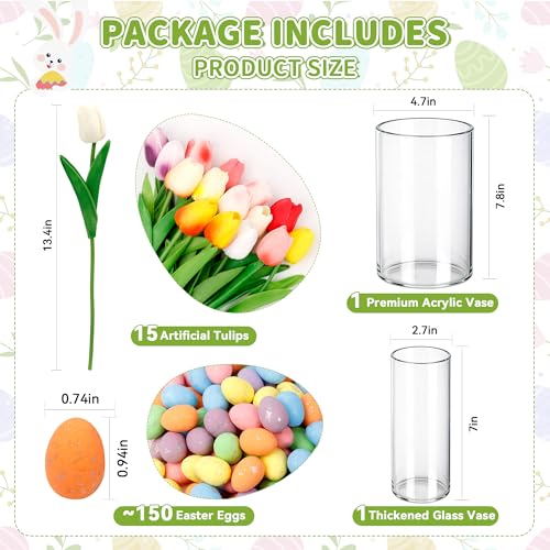 ALFEVA Easter Decorations-Vase in Vase 15pcs Artificial Tulips and Approx 150pcs Easter Eggs Filler, Easter Vaseset Ready to Display，Spring Decorations for Home Table - size: 4.7"/2.7" Vase with 15 Tulips & Eggs