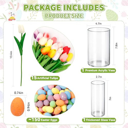ALFEVA Easter Decorations-Vase in Vase 15pcs Artificial Tulips and Approx 150pcs Easter Eggs Filler, Easter Vaseset Ready to Display，Spring Decorations for Home Table - size: 4.7"/2.7" Vase with 15 Tulips & Eggs