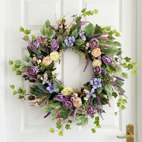 24 Inch Spring Summer Wreaths for Front Door - Large Artificial Peony & Lavender Flower Wreath with Grain Spikes - Lush Purple & Pink Wildflower Farmhouse for Porch, Wedding, Wall Decor - color: Purple